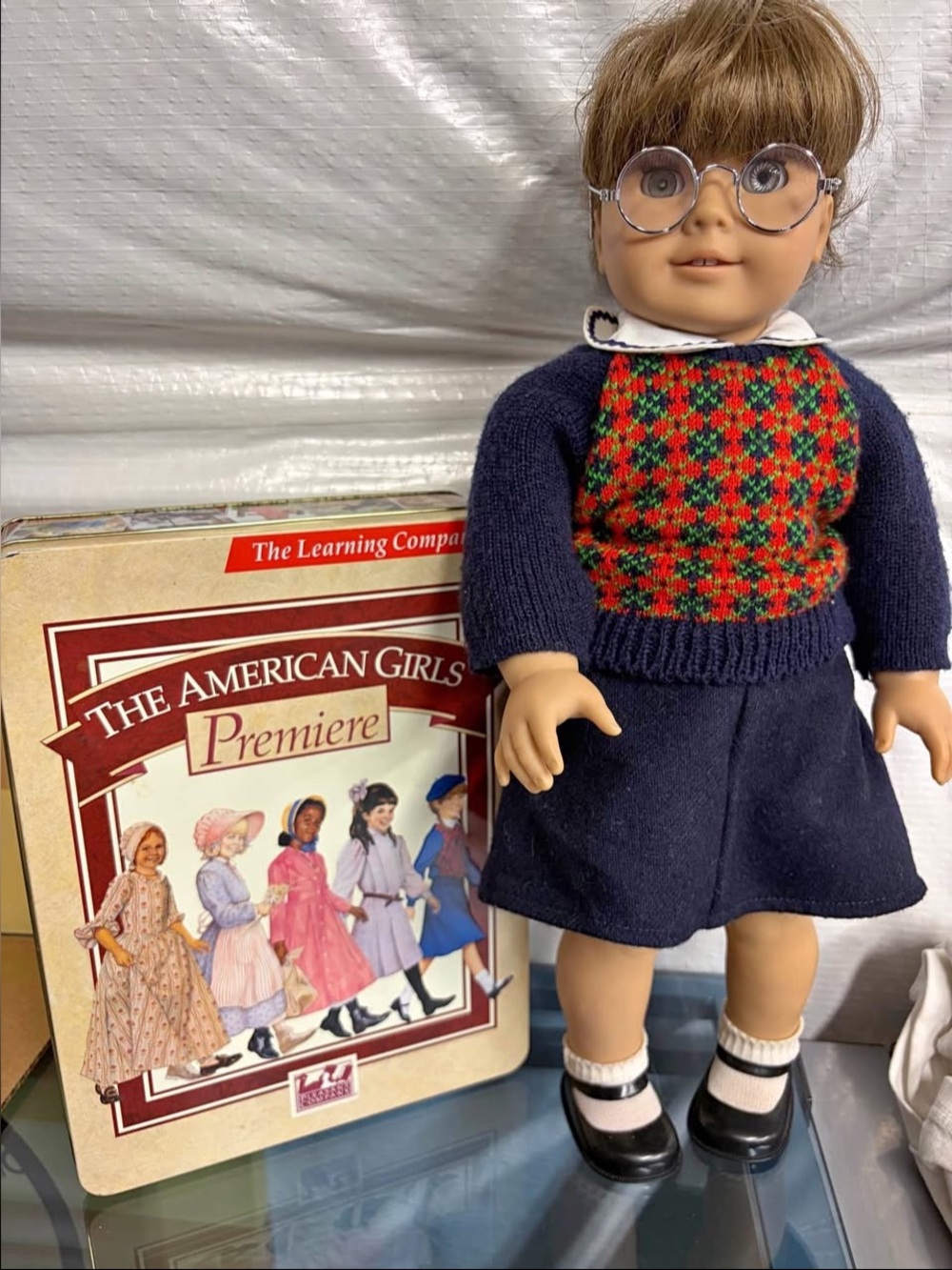 American Girl Navy Sweater with Red & Green Patterned Front